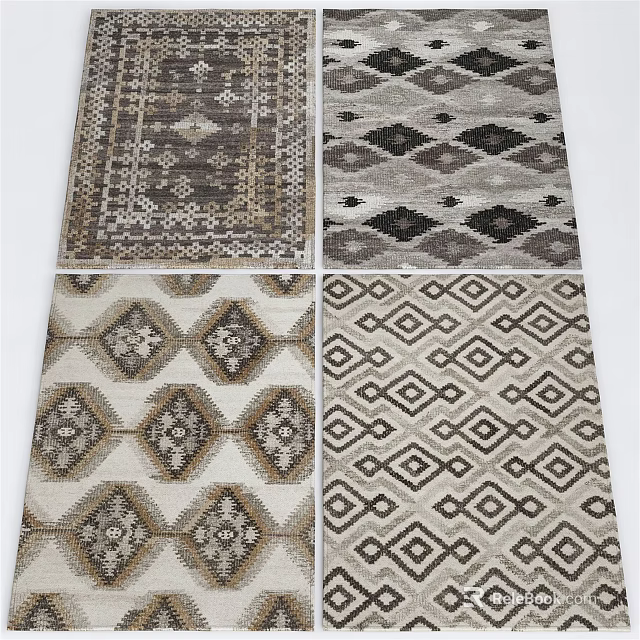 Square Rugs Featuring Various Geometric Patterns And Neutral Color Designs 3d model