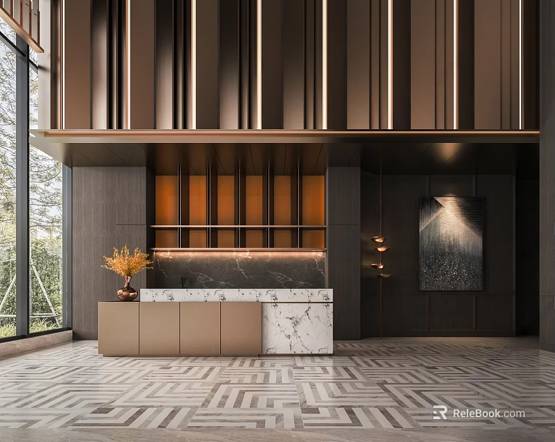 Elegant Modern Sales Office Interior With Marble Counter Reception Desk And Lighting 3d model 