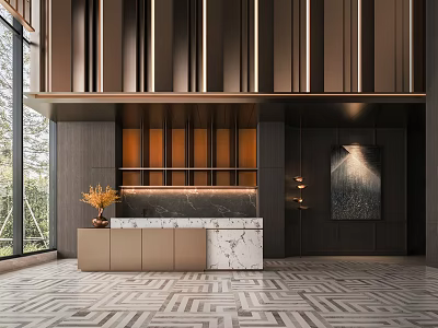 Elegant Modern Sales Office Interior With Marble Counter Reception Desk And Lighting 3d model