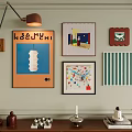 Abstract Paintings Displayed on Wall With Decorative Lamp and Tabletop Items 3d model