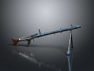 Vintage Machine Gun With Wooden Stock Metal Barrel And Tripod Stand 3d model