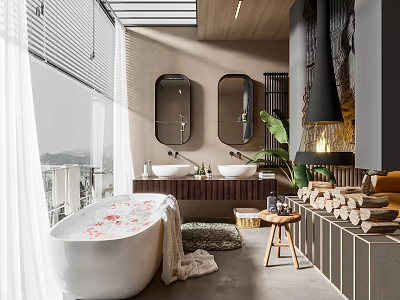 Luxurious Modern Bathroom Interior With White Bathtub Double Mirrors Wooden Cabinets And Natural Light 3d model