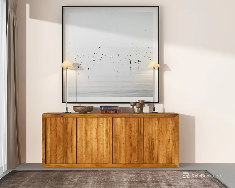 Modern Natural Wooden Entryway Side Cabinet With Table Lamps And Artwork Decor 3d model 