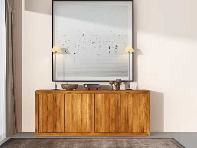Modern Natural Wooden Entryway Side Cabinet With Table Lamps And Artwork Decor 3d model