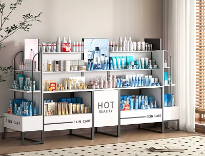 Modern Multi Layer Display Shelves With Organized Skin Care Products And Hot Labels 3d model