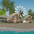 Beachfront Dome Shaped Bungalows With Windmill Palm Trees And Rainbow View