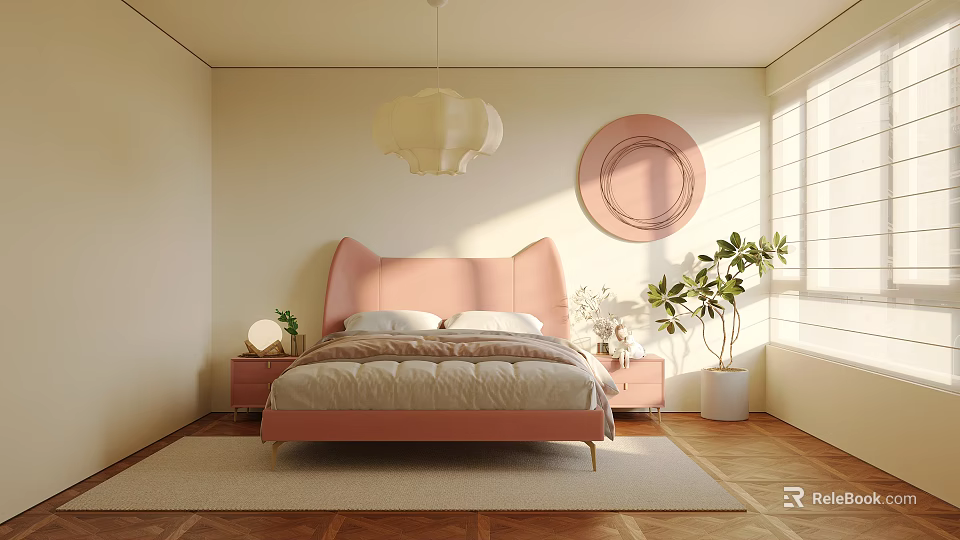 Cozy Kids Room With Pink Bed Round Wall Decor Pendant Light Sunlight And Green Plant 3d model 