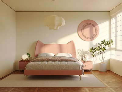 Cozy Kids Room With Pink Bed Round Wall Decor Pendant Light Sunlight And Green Plant 3d model