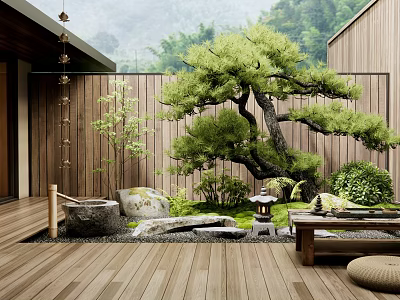 Serene Courtyard Garden With Wooden Deck Japanese Pine Tree Stone Lantern And Wooden Bench 3d model