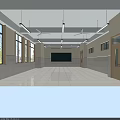 Spacious School Classroom With White Tiled Floor Green Blackboard Ceiling Fans And Long Windows