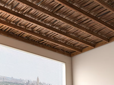 Interior View Of Wooden Slatted Ceiling And Window With Blinds 3d model