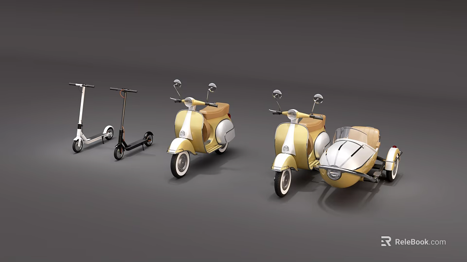 Classic Motorcycle Collection Featuring Retro Scooter And Sidecar With Stylish Design 3d model 