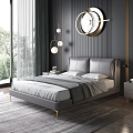 Leather Bed Vintage Bedroom Minimalist Double Bed Bedside Cabinet Carpet Chandelier Wall Decoration 3d model