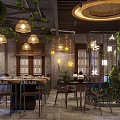 Elegant Restaurant Interior Design With Wooden Decor Hanging Lights Plants And Dining Tables