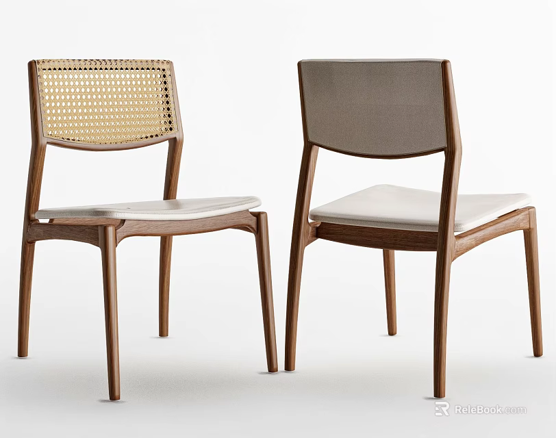 Modern Wooden Dining Chairs Featuring Woven And Fabric Backrests With Upholstered Light Seats 3d model 