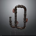 Rusty Industrial Pipes With Red Valve Handles And Curved Metal Structure