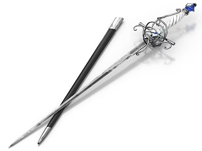 Ornate Medieval Sword With Silver Hilt Blue Accents And Black Scabbard 3d model