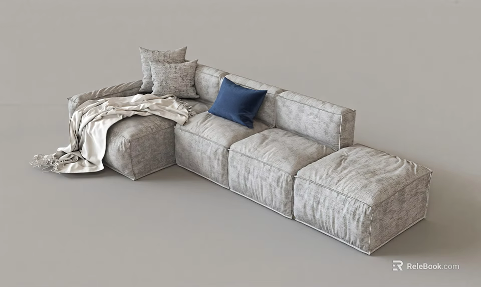 Gray Sectional Sofa with Multiple Cushions Blue Throw Pillow and Light Colored Blanket 3d model 