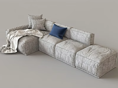 Gray Sectional Sofa with Multiple Cushions Blue Throw Pillow and Light Colored Blanket 3d model
