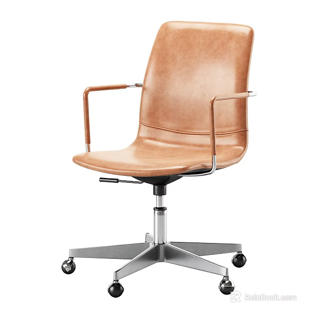 Brown Leather Office Chair With Metal Frame Swivel Wheels Modern Design 3d model 