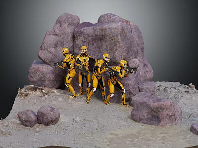 Five Yellow And Black Armored Characters Holding Weapons In Rocky Sandy Terrain With Large Rocks 3d model