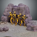 Five Yellow And Black Armored Characters Holding Weapons In Rocky Sandy Terrain With Large Rocks