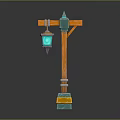 Vintage Wooden Street Lamp Structure With Green Accents Blue Lantern And Yellow Base