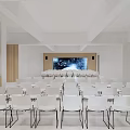 Modern Conference Room With Round Table White Office Chairs And Large Earth Data Screen