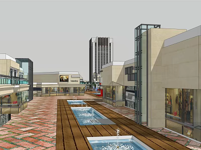 Modern Commercial Street With Pedestrian Walkway Water Pools And Stylish Buildings 3d model