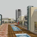 Modern Commercial Street With Pedestrian Walkway Water Pools And Stylish Buildings