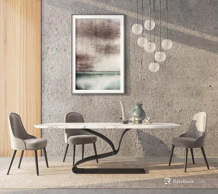 Modern Dining Table Set With White Tabletop Gray Chairs Hanging Pendant Lights And Wall Art 3d model