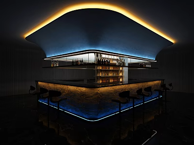 Modern Bar Counter Design With Illuminated Ceiling Blue LED Lights And Black Bar Stools 3d model