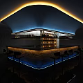 Modern Bar Counter Design With Illuminated Ceiling Blue LED Lights And Black Bar Stools