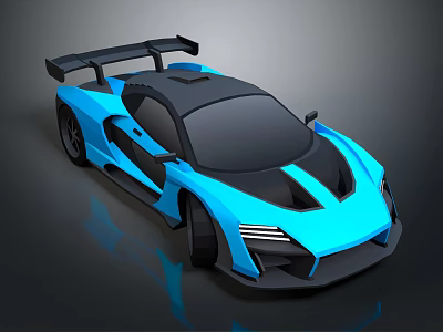 Blue Sports Car With Black Stripes And Rear Wing Sleek Design 3d model