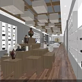 Modern Display Space Interior with White Shelves Wooden Tables and Square Pendant Lights