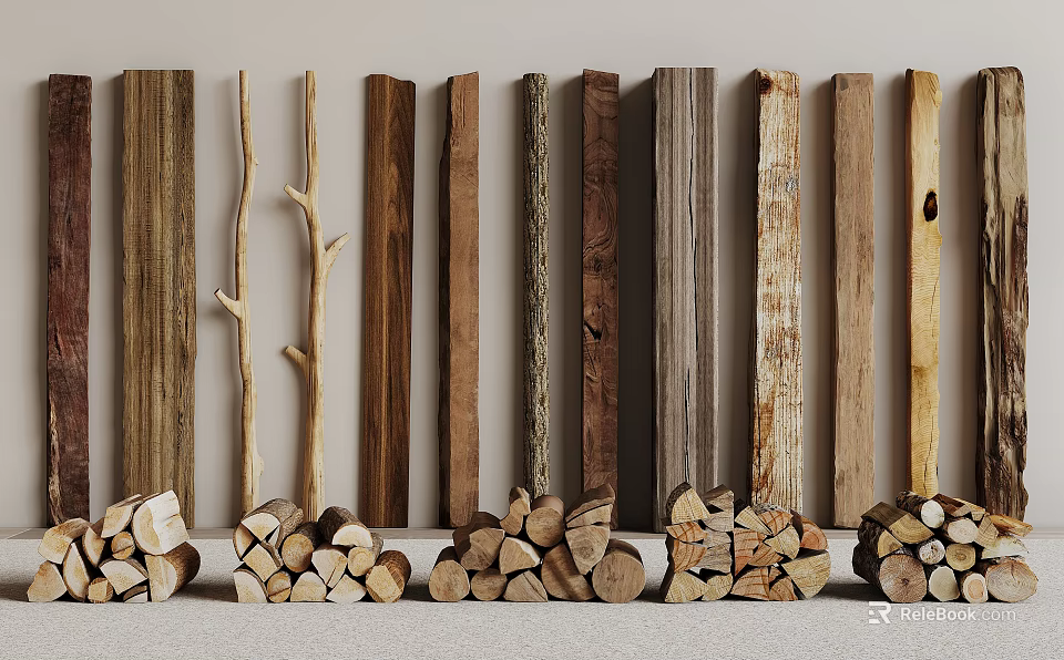 Display Of Various Wood Planks And Firewood Stacks Against Wall 3d model 