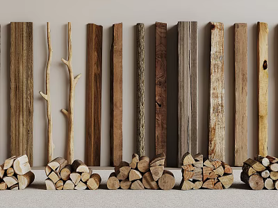 Display Of Various Wood Planks And Firewood Stacks Against Wall 3d model