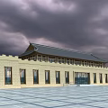 Ancient Architecture With Traditional Roof Yellow Walls And Spacious Square Under Cloudy Sky