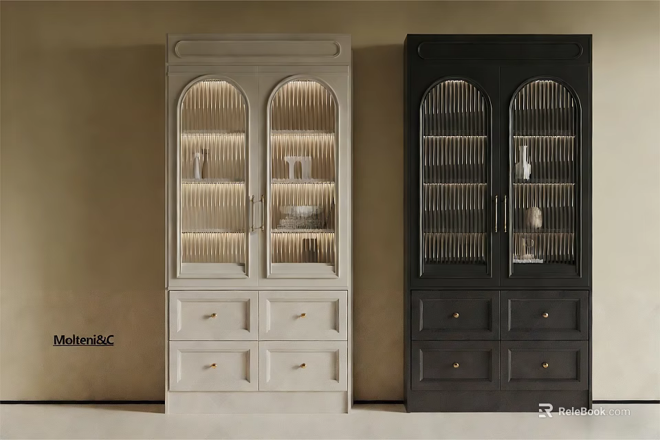 Modern White And Black Bookcase With Glass Doors Drawers And Decorative Items 3d model 