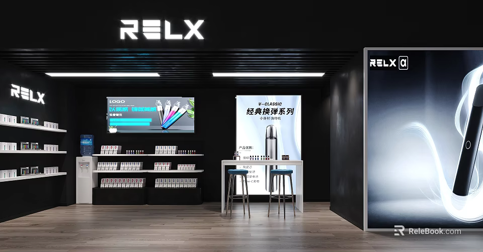 RELX Store Interior With Modern Display Shelves Digital Screens And Bar Stools 3d model 