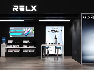 RELX Store Interior With Modern Display Shelves Digital Screens And Bar Stools 3d model