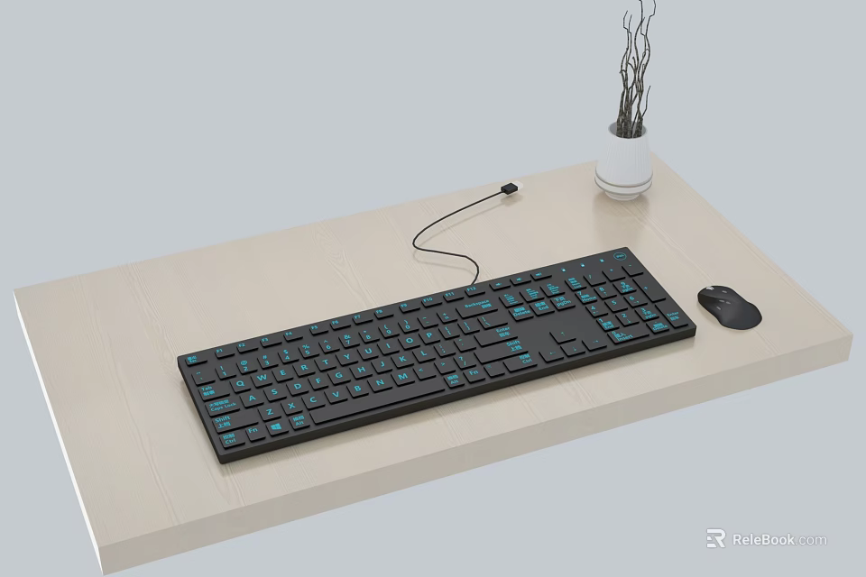 Black Computer Keyboard with Blue Backlit Keys and Mouse on Wooden Desk 3d model 