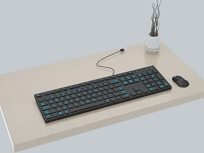 Black Computer Keyboard with Blue Backlit Keys and Mouse on Wooden Desk 3d model