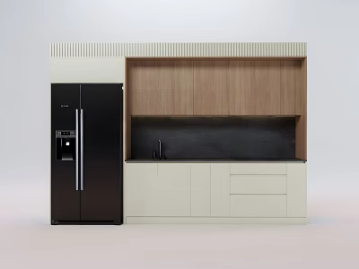 Modern Kitchen Cabinets With Wooden Upper And White Lower Units Plus Black Countertop And Refrigerator 3d model