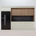 Modern Kitchen Cabinets With Wooden Upper And White Lower Units Plus Black Countertop And Refrigerator