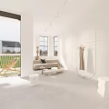 White Clothing Store Interior With Large Windows Sofa Small Table And Hanging Beige Dress