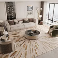 Elegant Modern Sofa And Round Coffee Table Set With Brown Cushions Area Rug And Armchairs