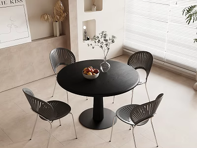 Modern Minimalist Black Round Dining Table Set With Four Metal Chairs Fruit Bowl And Vase 3d model