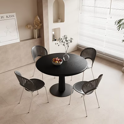 Modern Minimalist Black Round Dining Table Set With Four Metal Chairs Fruit Bowl And Vase 3d model
