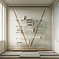 Modern V Shaped Brass Frame Glass Shelf Bookcase With Books And Decorative Items